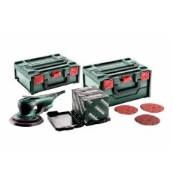 Metabo Exzenterschleifer SXE 150-2.5 BL Set, Mit MetaBOX Schleifmittel-Set "multi-hole", 150 Mm, Für Holz Und Metall, MetaBOX 215